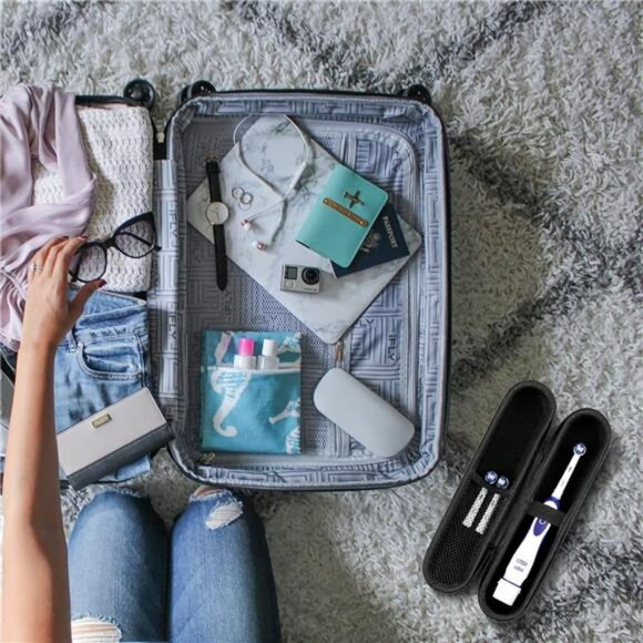 Travel electric toothbrush case hard PU storage box with mesh pocket and strap - Picture 2 of 7